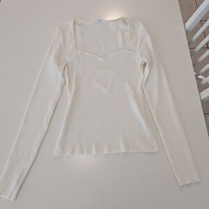 Veronica Beard Ivory Ribbed Sweetheart Neck Long‎ Sleeve Top Size M